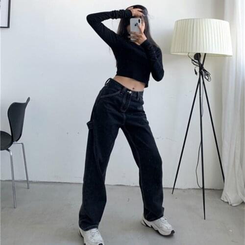 Autumn Vintage Women Jeans Streetwear High Waist Boyfriend Black Wide Leg Mom Woman Jeans Straight Denim Pants