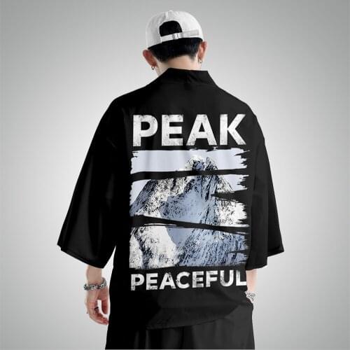 Peak Printed Black Japanese Style Kimon Pants Couple Men Traditional Harajuku Streetwear Samurai Cardigan Yukata