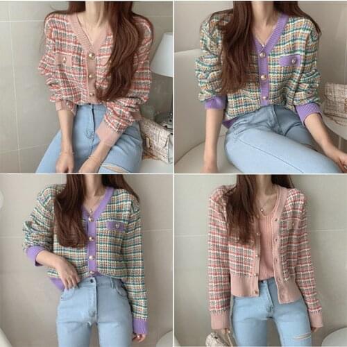 Plaid Shirt Casual Cropped Knitted Sweater Women Kawaii Autumn Long Sleeve Jumpers Pullover Korean Fashion Soft Girl Cute Tops