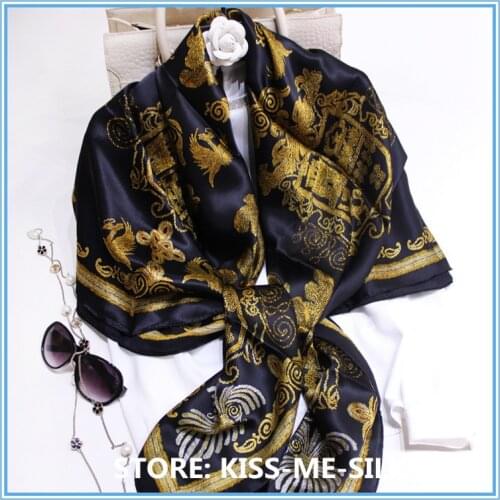 KMS Gold Leaf Golden Phoenix Mysterious Totem Heavy Silk Plain Crepe Satin Scarf Shawl Wrap Ribbon Hairband Women 140*140CM/ 95G