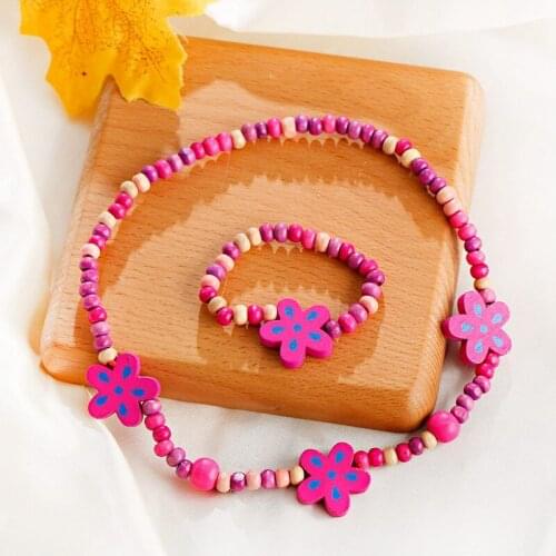Cute Girl Flower Animal Jewelry Sets Wood Beads Necklace Bracelet Set Lovely Kids Childrens Birthday Party Gift