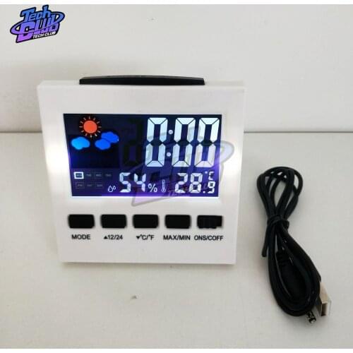 Multifunctional Thermometer Hygrometer Clock and Alarm Clock LED Backlight Color Screen Digital Display Snooze Clock+USB Cable