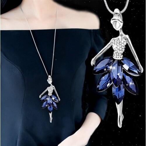 Fashion Blue Crystal Ballet Dance Girl Pendant Necklace Ballerina Classic Color Link Chain Pendant Necklaces Jewelry Girl Gifts