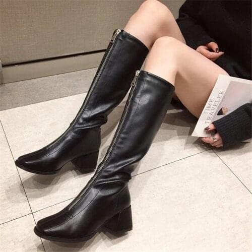 Fashion Folding Front zipper Winter High Boots Casual Low Heels Black Long Slim Boots Ladies Women Leahter Knee High Boots 2020