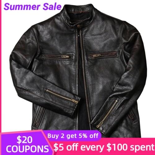 2021 Vintage Black Motorcycle Style Genuine Leather Jacket Men Stand Collar Large Size 6XL Real Natural Cowhide Autumn Coat