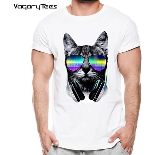 Music DJ cat/bear with Sunglasses print Funny t-shirt men Tops 2020 Hot tops New Clothing Men Hip Hop Short Sleeve Tshirts homme