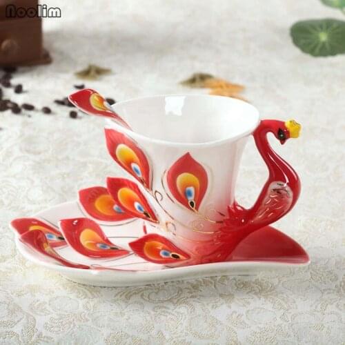 NOOLIM 1 Pcs Peacock Coffee Cup Ceramic Creative Mugs Bone China 3D Color Ceramic Cup with Saucer and Spoon Coffee Tea Sets