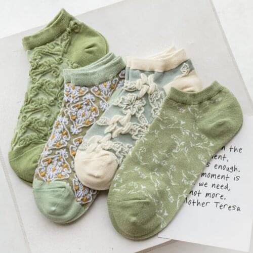 4 Pairs Set Korean Style Socks Women Pack Flowers Green Cute Things Happy Funny Crew Ankle Low Cut Sokken Vrouwen Summer Gift