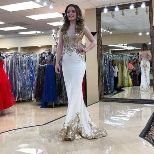 Charming Golden Appliques Mermaid Prom Dresses Sexy Deep V Neck Sleeveless Sequined Long Evening Gowns Custom Made