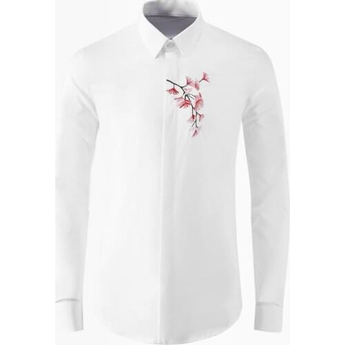 Personality Maple Leaf Embroidery Male Shirts Luxury Long Sleeve Casual Party Mens Dress Shirts Slim Fit Tuxedo Man Shirts M-4XL
