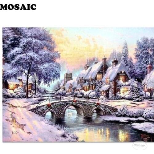 Custom diamond embroidery Winter Bridge cabin,3d diamond painting,full diamond mosaic picture of rhinestone cross stitch