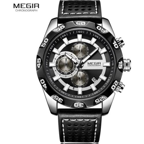 Megir Leather Strap Sports Watches Men Chronograph Quartz Waterproof 3 Bar Military Wrist Watch Man Relogios Clock 2096G Black