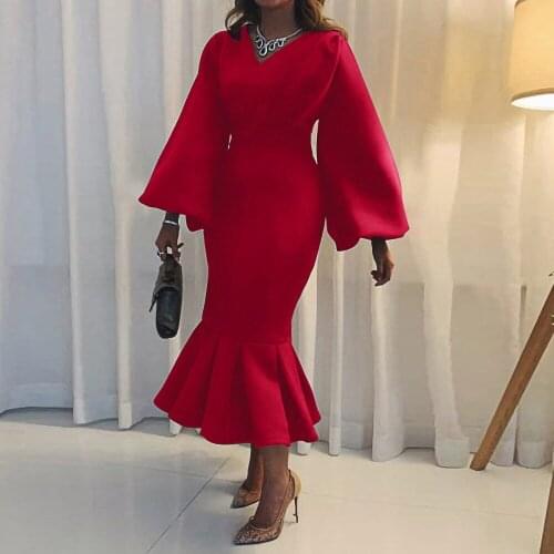 Classy Red Evening Sexy Dress Red Fashion Puff Sleeve V Neck Bodycon Mermaid Vestido Women Long Maxi Plus Size S-5XL Party Dress
