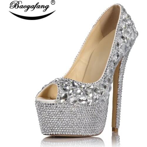 BaoYaFang Super High heels Pump Shoes Woman Peep Toe Wedding shoes Thin Heel Plus Size Luxury Crystal Performance shoes woman