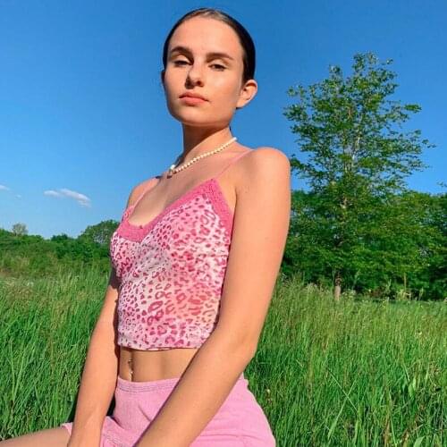 Y2k Fashion Leopord Tops Female Pink Backless Lace Camis Slim V Neck Cute Tank Top Women Sexy Sleeveless Bodycon Crop Top Summer