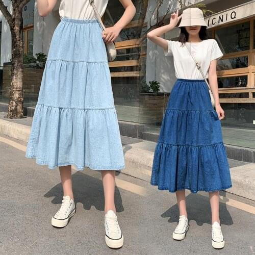 2021 Summer Women Vintage Elastic High Waist Long Jeans Skirts Casual Solid Cake A-line Ladies Denim Skirts Elegant Clothes Z228