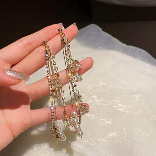 Elegant Long Tassel Pearls Pendant Earrings for Women Shining Zircon Inlaid Crystal Simple Luxury Dangle Earrings Party Jewelry