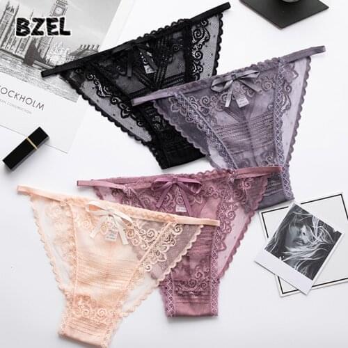 BZEL New Sexy Womens Transparent Lace Panties Thongs Underwear Hollow Out Soild G-String Low Waist Soft Comfort Lady Lingerie