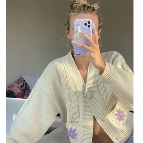 Jastie Spring Autumn Vintage Womens Cardigan Floral Embroidery Pocket V-neck Long Sleeve Knitted Sweaters