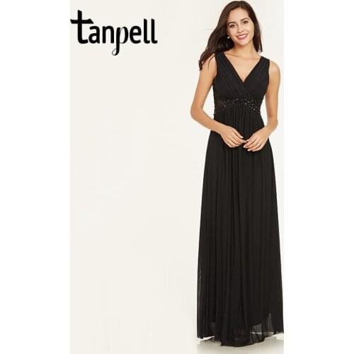 Tanpell v neck backless evening dress cheap black a line floor length dress women prom crystal pleats long formal evening dress