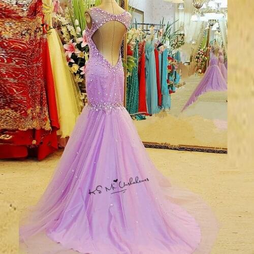 Elegant Lavender Long Prom Dresses 2019 Crystals Mermaid Women Evening Gowns Backless Vestidos de Gala Formatura Courte Baile