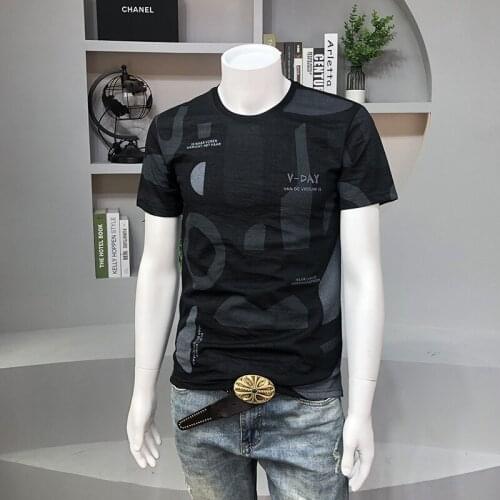 2021 summer full-body printed letter embroidery cotton and linen new youth round neck mens short-sleeved tide