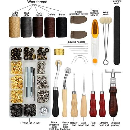 28 Pcs Alloy Copper DIY Craftwork Leather Set Sewing Tool Kit Wax Thread Scissors Stitching Wheel Needle for Leather Processing