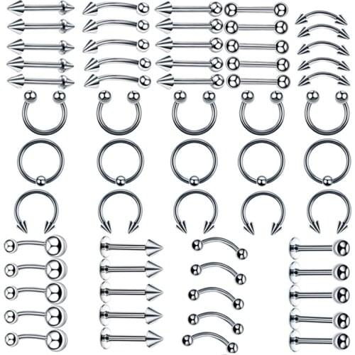 8/50/60Pcs Mixed Styles Stainless Steel Eyebrow Navel Belly Lip Tongue Nose Piercing Bar Ring Labret Barbell Tunnel Body Jewelry
