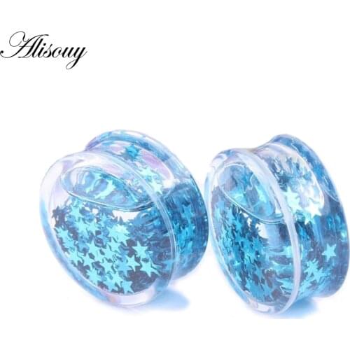 Alisouy 2 PCS personal Liquid Acrylic Ear Expander with Blue Star Double Flared Saddle Ear Gauges 6mm to 16mm piercing body ear