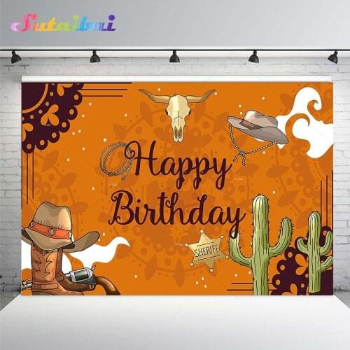 West Cowboy Happy Birthday Backdrop Vintage Wild Cowboy Hat House Boy Kids Baby Birthday Party Photography Background Photoshoot