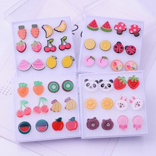Cartoon Cute Bear Rabbit Radish Plastic Stud Earrings Set Box For Women Wedding Party Piercing Jewelry Gift Bijoux Brincos