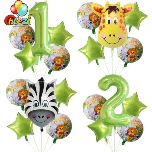 5pcs Forest Animal Birthday Balloon Set 40inch Green Number Helium Ballon Lion Tiger Giraffe Birthday Party Decor Baby Shower