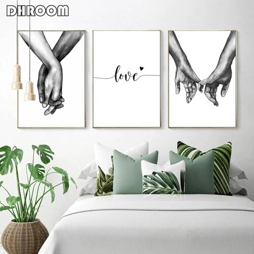 Black White Style Sweet Love Wall Art Canvas Poster Minimalist Hand in Hand Print Painting Picture for Living Room Bedroom Decor