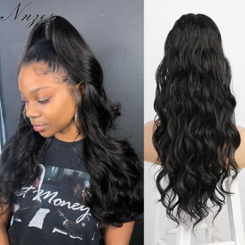 NNZES 26inches Long Natural Wave Synthetic Ponytail Hairline Black Ponytail Hair Extensions Red Brown Golden Color for Woman