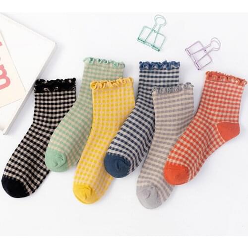 Ins Style Plaid Socks Women Vintage Frilly Ruffle Socks Girl Summer Breathable Cute Kawaii Sock Colorful Lolita Funny chaussette