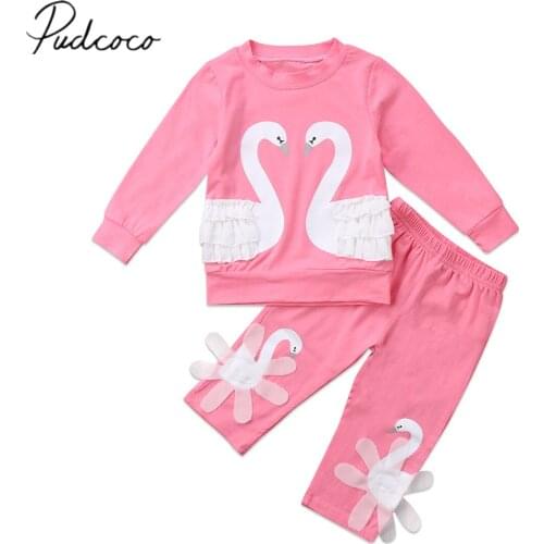 2017 Brand New Girls T-Shirt Autumn Baby Toddler Girls Full T-Shirt Pant Cute Cartoon Swan Lace Sets 2Pcs Children Clothing 1-6T