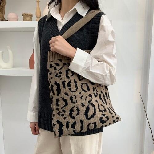 2021 New Fashion Women Shopping Bag Large Capacity Handbag Leopard Print Wool Knitting Bag Casual Korean Style Ladies Tote Bag