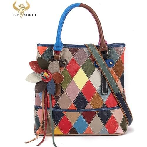 New Multi-Colorful Genuine Leather Luxury Ladies Patchwork Large Purse Handbag Over The Shoulder bag Women Design Tote bag 532
