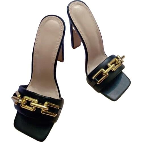 Spring 2021 Fashion Chains Decorative High Heels Soft Soles Comfortable Non-slip Block Heeled Sandals Large Shoes