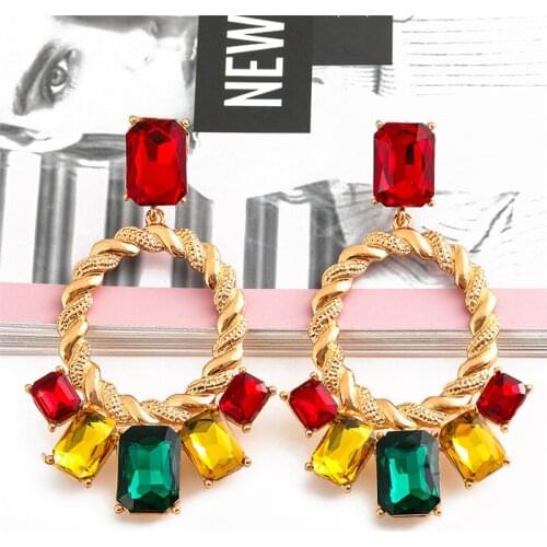 New Design Colorful Crystals Geometric Metal Gold Drop Earrings High-Quality Fashion Trend Jewelry Accessories For Women