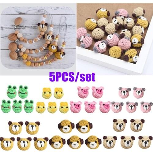 5 Pcs/Pack Handmade Crochet Woolen Beads Cartoon Animal DIY Pacifier Clip Chain Accessories Baby Teething Soother Decor Toys
