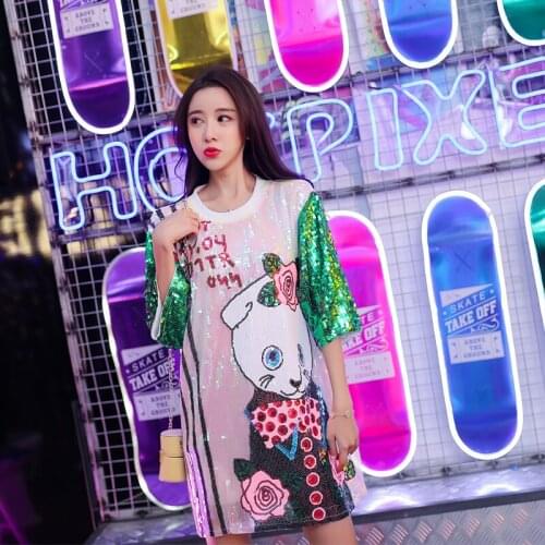 Womans Sequined Summer T-shirt 2021 New Fashion O neck Casual Printed Loose Oversize Loose Top Plus Size Female Tee Shirt