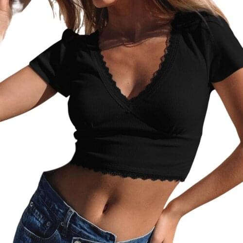 DAXIN Women T-Shirts Sexy V-Neck White Tops Short Sleeve Soild Basic Lace Crop Top T-Shirt Female Casual Top Ladies Shirt