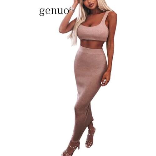 Summer 2020 New Hot Style Pure Color Women Two-Piece Set Tight Tank Top Vest And Dress Sleeveless Temperament Lady Suit