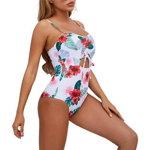 Women Floral Bikini 2021 One-piece Swimsuit Print Hollow Out Low-cut Swimwear Summer Push Up Bathing Suit Backless Beach Wear