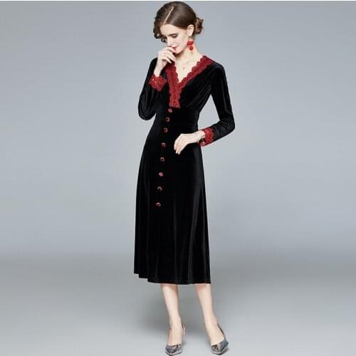 2021 New Elegant Women Lace Patchwork Long Sleeve Velvet Party Dresses Office Lady Sexy V-Neck Midi Vestidos New Clothing Female