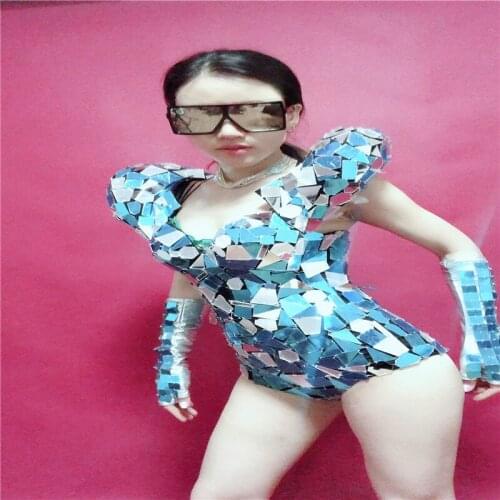 P85 Singer stage dance wears silver mirror dress dj bodysuit sexy model performance outfits bar costume robot women suit mirror