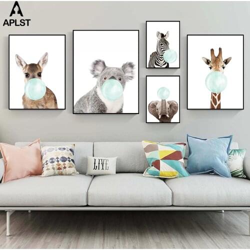 Animal Zebra Giraffe Koala Elephant Chewing Bubble Gum Canvas Poster Print Painting Picture for Baby Infant Kids Bedroom Nursery