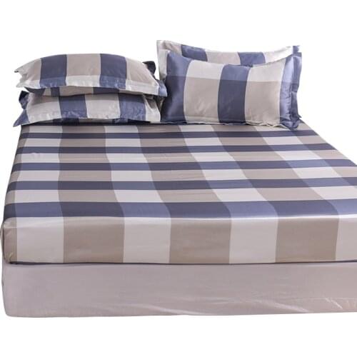 New 1pc Blue White Plaid Fitted Sheet with Elastic Band Printed Ice Silk Bed Sheet Single Double Mattress Cover No Pillowcase