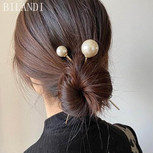 Bilandi 2021 New Elegant Metal Round Simulated Big Pearl Hairpins Long Hair Sticks Headwear Accessories For Women Girls Gifts